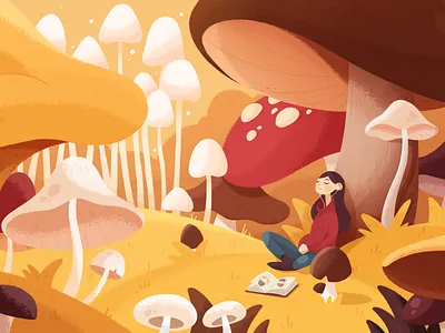 Mushroom Lo-fi 2d autumn character design chill color dream fall forest girl illustration magic mushrooms music photoshop plants relax study texture vibe