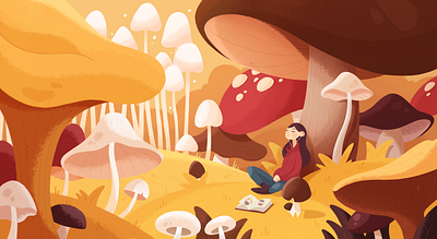 Mushroom Lo-fi 2d autumn character design chill color dream fall forest girl illustration magic mushrooms music photoshop plants relax study texture vibe