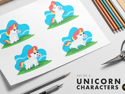 Set of 4 Unicorn Characters design designer illustration milktoast unicorn vector