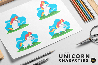 Set of 4 Unicorn Characters design designer illustration milktoast unicorn vector