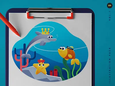 Dolphins Starfish and Fish illustration pack design designer vector
