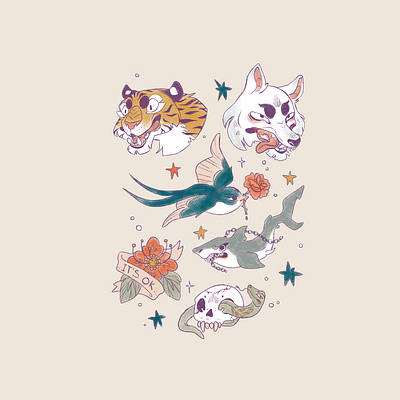 old school tattoos animal animalillustration drawing flash tattoo illustration oldschool procreate tattoo tattoo design