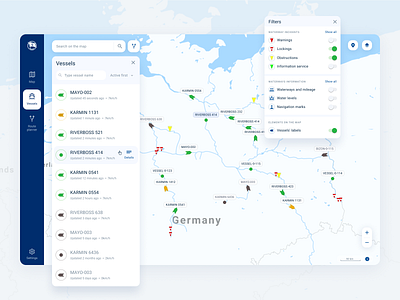 Vessel tracking for inland shipping | TMS 2021 app clean design desktop figma filters fleet list management map ship shipping tms tracking transport ui ux vessel web design