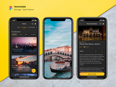 TRAVELGUIDE - iOS app app dark ui design design thinking experience explore figma floating action button gradient interaction design interface ios logo mobile app planner prototype travel ui ux wireframing