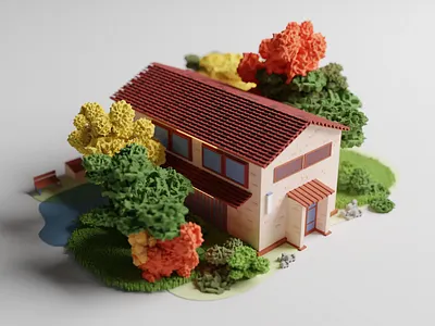 Voxel Building 3d autumn building depth design house illustration isometric miniature orange park school toy trees ui ux voxel warm web