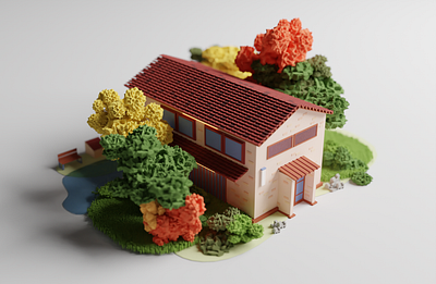 Voxel Building 3d autumn building depth design house illustration isometric miniature orange park school toy trees ui ux voxel warm web