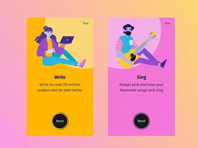 Onboarding screen android blush bright cool figma figmadesign gradient illustration mobile mobile app design onboarding onboarding ui pink sing uiux userinterface userinterfacedesign write yellow