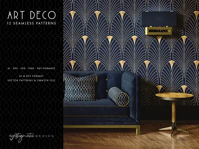 12 Seamless Art Deco Patterns - Gold & Blue 1920s art deco art deco background art deco pattern background delicate fashion gatsby geometric geometric pattern gift wrapping gold ornate pattern patterns retro scrapbook seamless vector vintage
