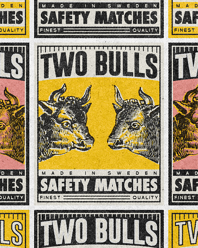 Two Bulls Safety Matches design illustration matchbox texture typography vintage