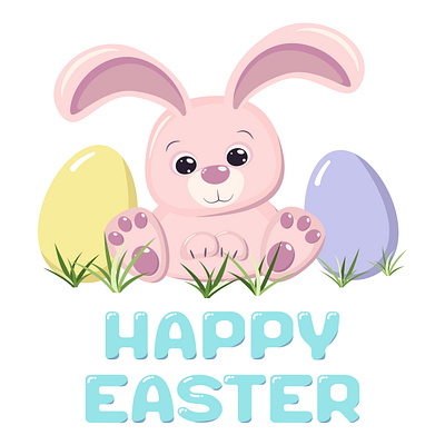 Happy Easter cute pink bunny rabbit in the grass adorable animal baby bunny cartoon cute drawn ear easter egg egg hunt flat design foot funny happy illustration little pink rabbit vector