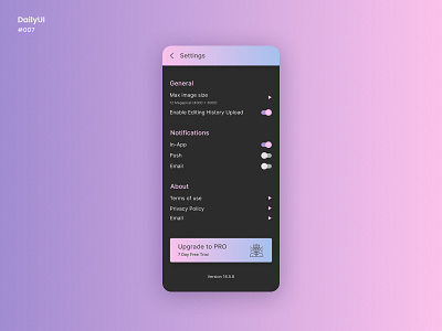 Mobile App Settings Page 007 app app design daily 100 challenge daily ui dailyui dailyuichallenge figmadesign gradient minimalism settings settings page settings ui ui uiux