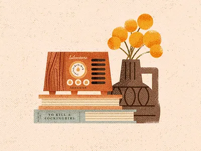 radio books decorations floral flowers mid century radio music radio retro shelf texture vase