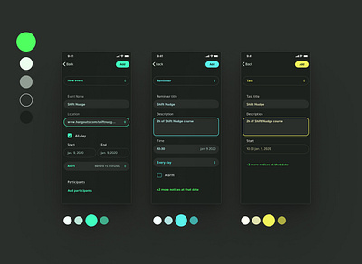 Calendar app format calendar app color palette dark theme dropdown events field field states form forms reminder tasks text fields ui ux