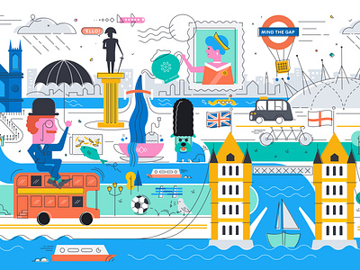 London Mural data design fish and chips flat illustration illustrator london london underground mind the gap mural queen queen elizabeth tea tower bridge vector