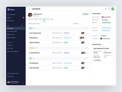 Nexus - Leads Details Tasks CRM Dashboard Webapp Saas crm crm dashboard dashboard product design saas design ui ux web app web builder