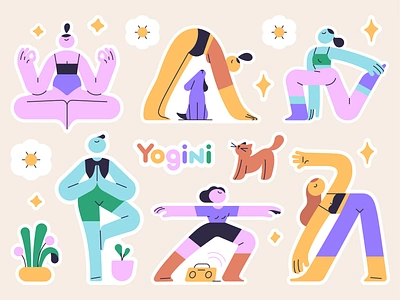 Stickers Collection 2d bodypositive case study characters design diversity flat friends graphic design illustration people pet shape sport sticker team vector video woman yoga