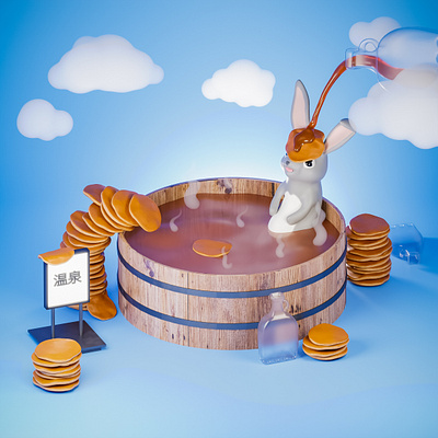 Happy Pancake Day! 3d 3d art blender3d bunny happy illustration japan japanese kawaii onsen pancake pancake day pancakes syrup