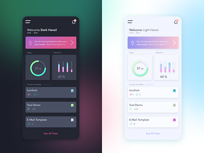 Dark Mode vs Light Mode ◼︎◻︎ app design color dark mode dark ui dashboard hint kanban light mode light ui organisation overview project shadow statistic tasks to dos ui