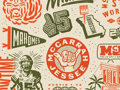 First Year at McJ badge branding burgers car design flags football illustrat illustration kansas city ketchup knives logo motorcycle raccoon texture tiger type typography vector