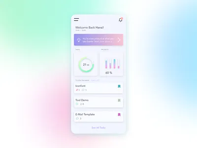 Light Mode Kanban Mobile ☁️ app bright bright colors color colorful dashboard hint kanban light light ui mobile mobile ui organisation overview pastel planning statistic statistics tasks ui