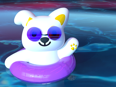 Chillin' Chini 3d branding character cute design dog illustration lights mascot neon pool purple sunglasses swim swimming vector water yellow