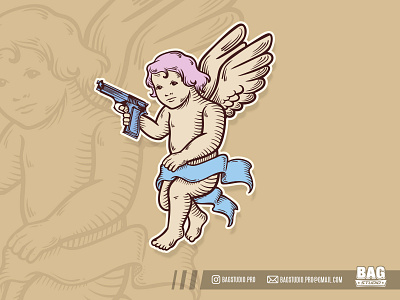 Little Angel with Gun angel character cherub design gun hand drawn holding holy illustration redbubble t shirt vector vintage wings