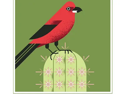 Brazilian Tanager animal beak bird brazilian cactus character design fly geometric green illustration nature plant red retro texture vector