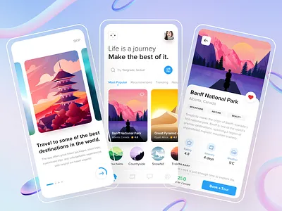 Travel App Exploration 2021 trend 3d app app design booking branding cards dashboard design trends gradient illustration ios login onboarding product design rebound travel typography ui ux website