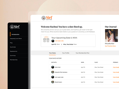 Sirf Coffee Onboarding - Dashboard black and white onboarding pricing profile sidenav table tabs ui ux website