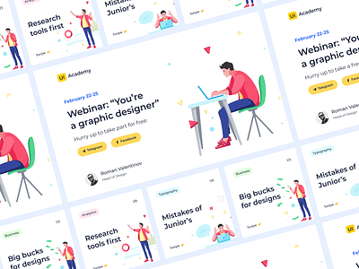 Webinar. Promotion advert analytics banner business cards categories color competition illustraion instagram post interactive landing logo marathon marketing online course social network typogaphy webinar yellow