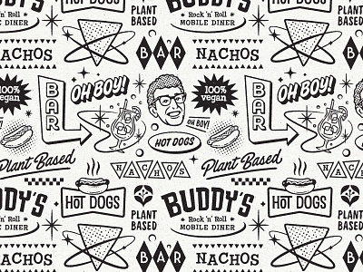 Buddy's Mobile Diner 50s restaurant branding buddys cocktail fast food graphic design hot dogs logo design nachos packaging pattern plant based retro vegan vintage