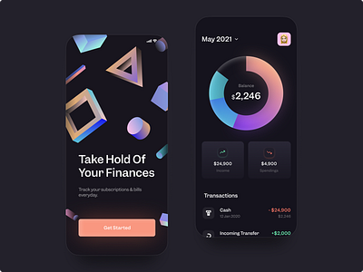 Personal Finances App 💸 app art balance bank bank app banking bright dark dark ui design finance finance app geometry gradient graph minimalist money typography ui ux