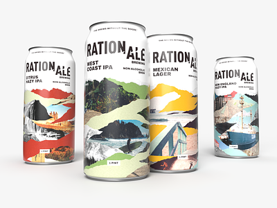 RationAle Brewing 4-Pack adventure beer branding can collage nature non-alcoholic packaging design rip
