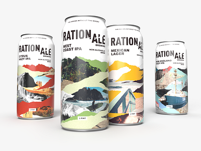 RationAle Brewing 4-Pack adventure beer branding can collage nature non alcoholic packaging design rip