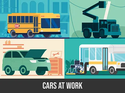 Cars at Work branding bus car cars creative design graphic design handicap illustration illustrator retro truck vector vehicles wheelchair work