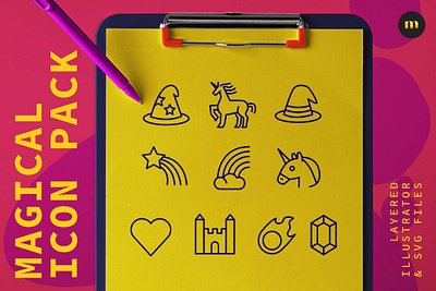 Magical icon pack branding castle design designer gem heart love magic rainbow unicorn vector witch wizard