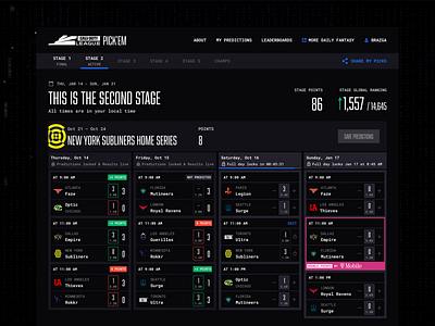 Call of Duty League Pick'em call of duty dashboard esports esports design faze optic predictions thieves ui