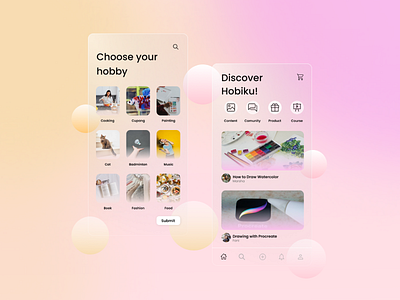 #Exploration - Hobiku Mobile App app design glassmorphism illustration interaction design ui ux