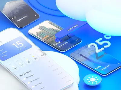 Clean Weather App ☀️ app blue branding button c4d clouds design glassmorphism illustration interface iphone sky temperature ui ux weather