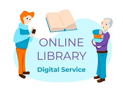 Online libraryv digital service flat vector illustration cartoon art cartoon character character flat illustration library online online service vector illustration