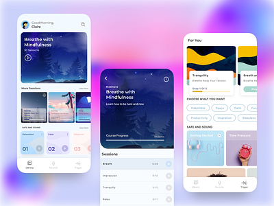 ASMR app Concept app asmr avatar avatar icons casestudy color pallete design font glassmorphism illustratoions listen music newwork pastel sound typography ui ui design user userflow ux