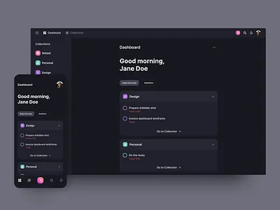 Dashboard - Daily Overview app application concept daily dark dashboard design management manager mobile overview responsive task tasks todo ui ux web webdesign website