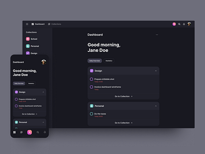 Dashboard - Daily Overview app application concept daily dark dashboard design management manager mobile overview responsive task tasks todo ui ux web webdesign website