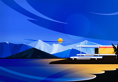 Nights in Malaga✨ architecture blue colors concept flat geometry house illustration landscape midcentury midcenturymodern mountains shapes sunset texture vector