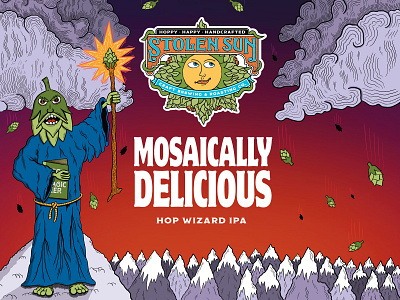 Mosaically Delicious beer art beer branding beer label hand drawn hops illustration mountains wizard