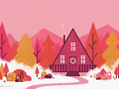 Cabin in the Woods autumn bushes cabin color colorful flat design flat illustration forest illustration illustration art magic forest nature pines texture trees vector vector artwork winter wood