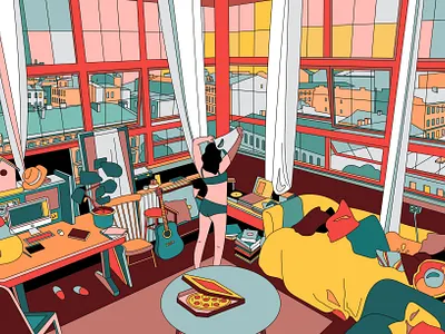City sunset illustration alone branding design girl illustration pizza room sunset web