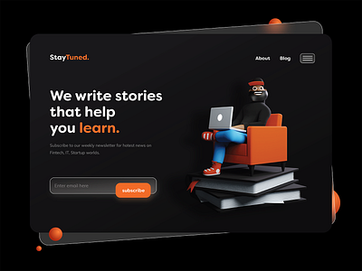 Landing page concept 3d black blender blog cartoon character dark mode frosted glass glassmorphism illustration landing learn modern website writer writing