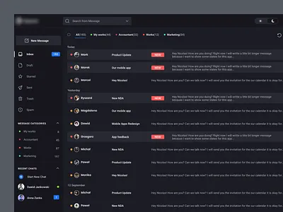 E-mail Client - Inbox Dark Mode components dashboard email email client email client design email component email design email inbox email interface email product inbox design interface message message app messagebird messages product design ui ux web app