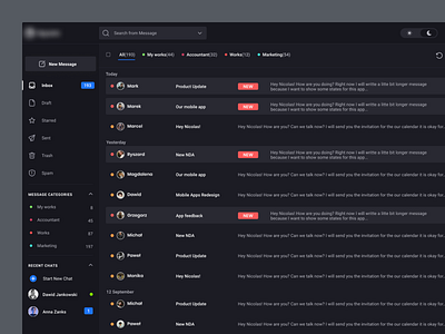 E-mail Client - Inbox Dark Mode components dashboard email email client email client design email component email design email inbox email interface email product inbox design interface message message app messagebird messages product design ui ux web app